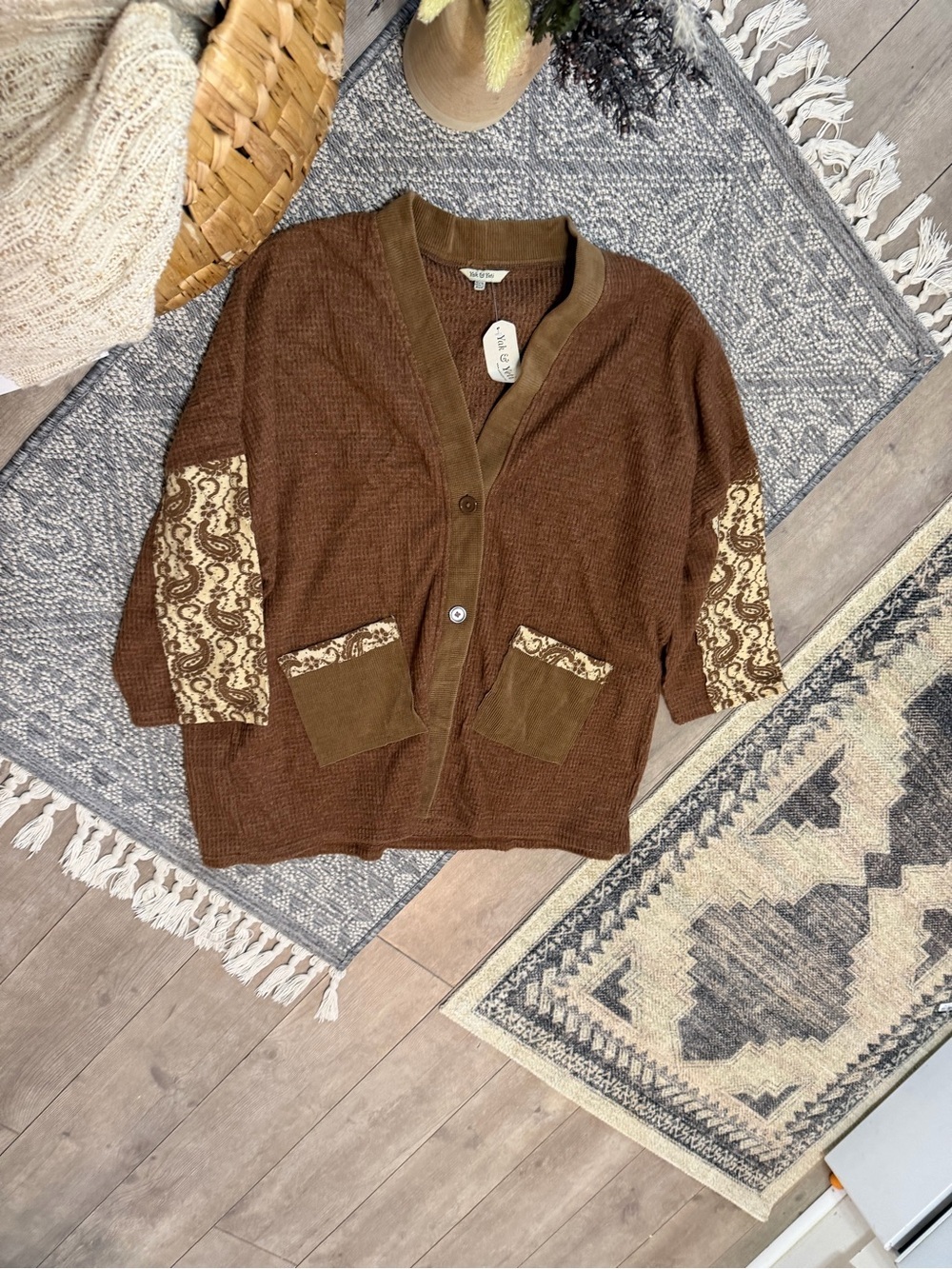 New Yak & Yeti Chocolate Patchwork Button-Front Cardigan Sweater One Size Boho